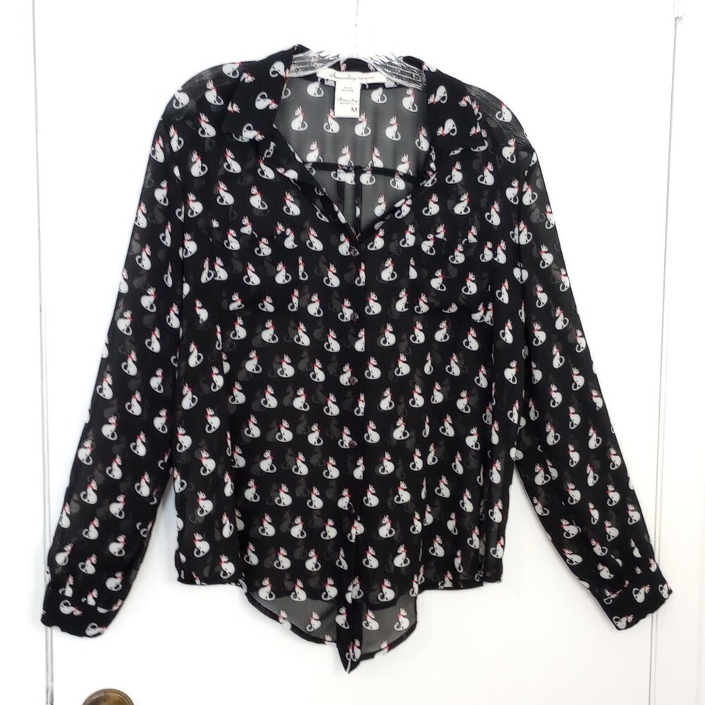 American Rag Cie Black & White Sheer Kitty Cat Print Blouse